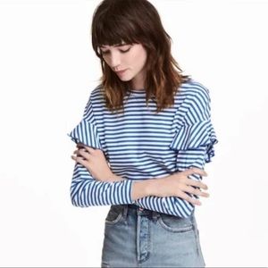H&M Blue and white striped long sleeve tee tshirt with ruffle sleeve detail